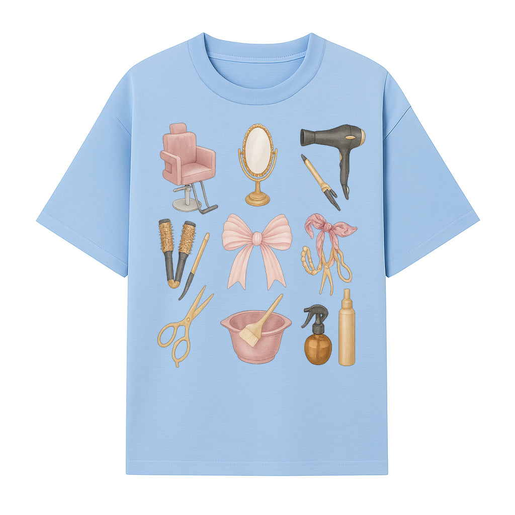 Beauty Salon Essentials Art Print | Hair Styling Tools, Chair, Mirror, Scissors, Bow | Feminine Decor for Styling Room - T-shirt 1757925839655.jpg