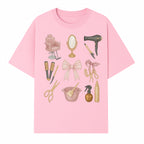 Beauty Salon Essentials Art Print | Hair Styling Tools, Chair, Mirror, Scissors, Bow | Feminine Decor for Styling Room - T-shirt 1757925839779.jpg