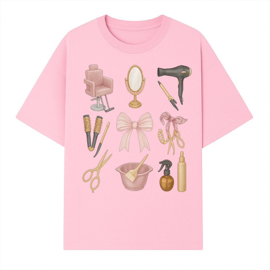 Beauty Salon Essentials Art Print | Hair Styling Tools, Chair, Mirror, Scissors, Bow | Feminine Decor for Styling Room - T-shirt 1757925839779.jpg
