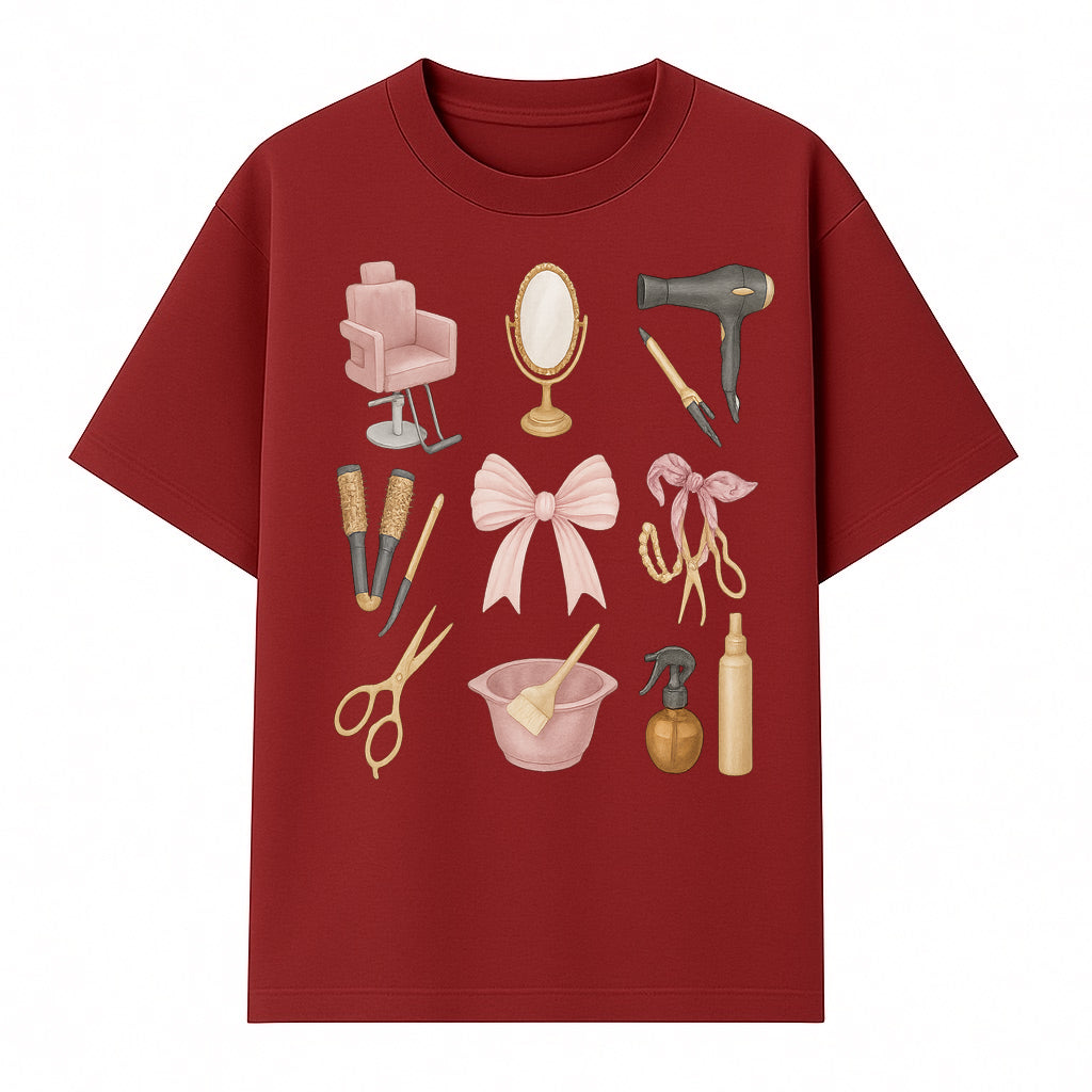 Beauty Salon Essentials Art Print | Hair Styling Tools, Chair, Mirror, Scissors, Bow | Feminine Decor for Styling Room - T-shirt 1757925839904.jpg