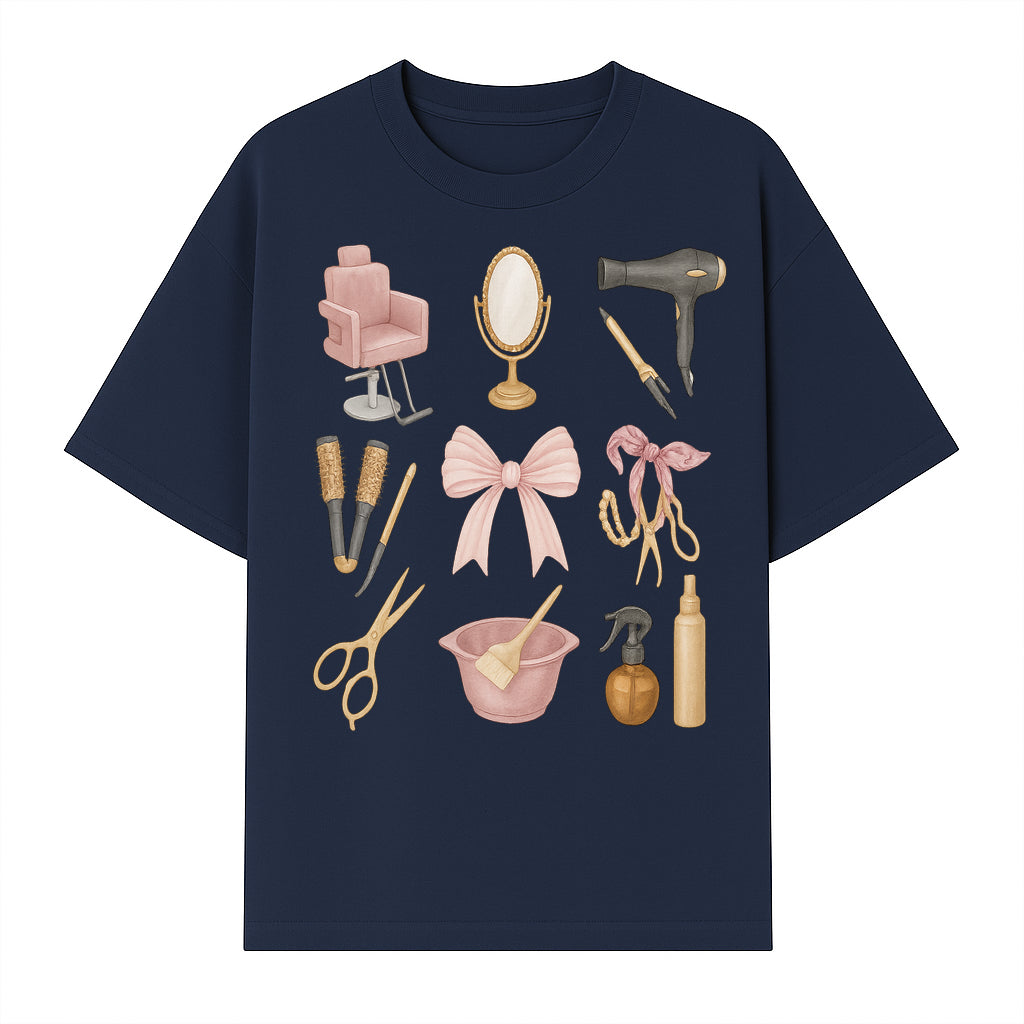 Beauty Salon Essentials Art Print | Hair Styling Tools, Chair, Mirror, Scissors, Bow | Feminine Decor for Styling Room - T-shirt 1757925840054.jpg
