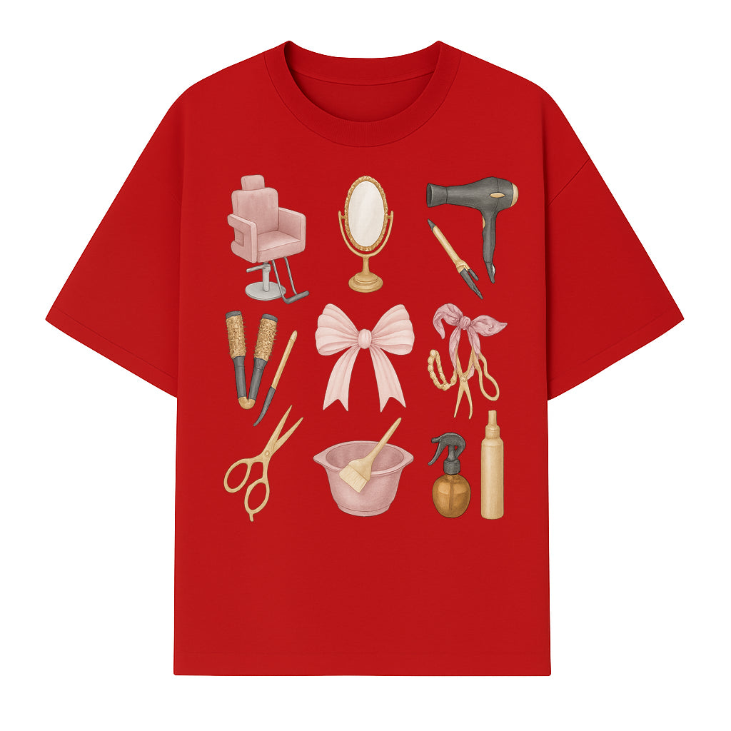 Beauty Salon Essentials Art Print | Hair Styling Tools, Chair, Mirror, Scissors, Bow | Feminine Decor for Styling Room - T-shirt 1757925840169.jpg