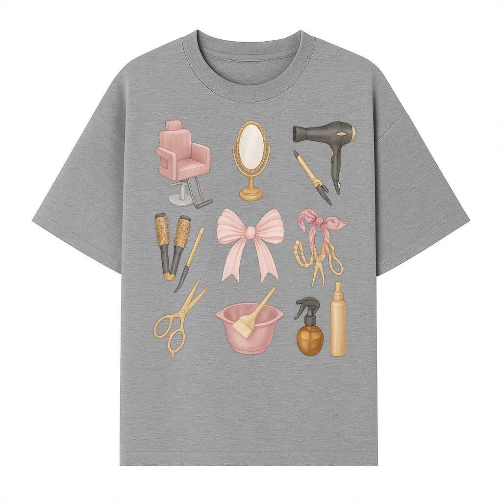 Beauty Salon Essentials Art Print | Hair Styling Tools, Chair, Mirror, Scissors, Bow | Feminine Decor for Styling Room - T-shirt 1757925840310.jpg