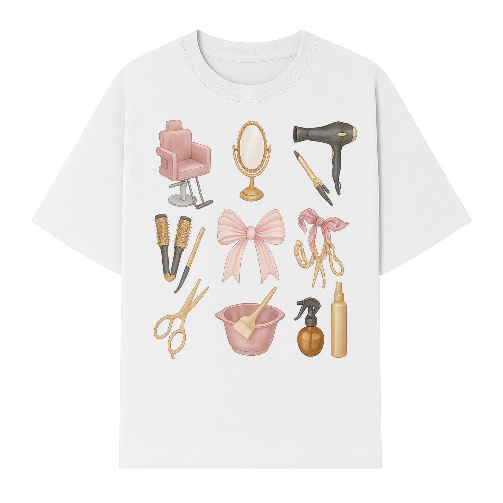 Beauty Salon Essentials Art Print | Hair Styling Tools, Chair, Mirror, Scissors, Bow | Feminine Decor for Styling Room - T-shirt 1757925840447.jpg