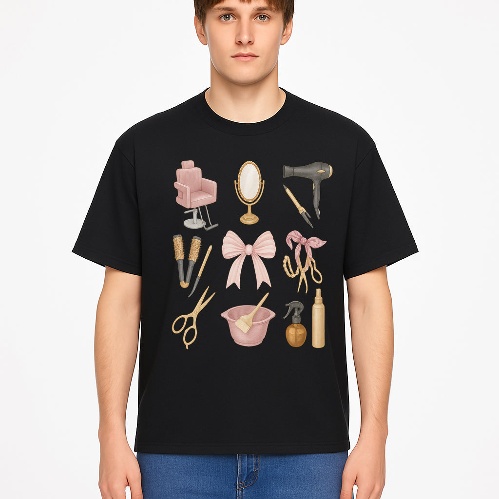 Beauty Salon Essentials Art Print | Hair Styling Tools, Chair, Mirror, Scissors, Bow | Feminine Decor for Styling Room - T-shirt 1757925841611.jpg