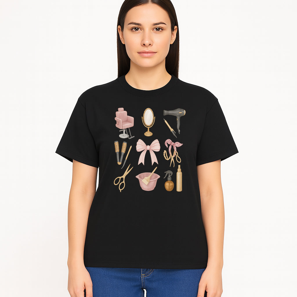 Beauty Salon Essentials Art Print | Hair Styling Tools, Chair, Mirror, Scissors, Bow | Feminine Decor for Styling Room - T-shirt 1757925841752.jpg