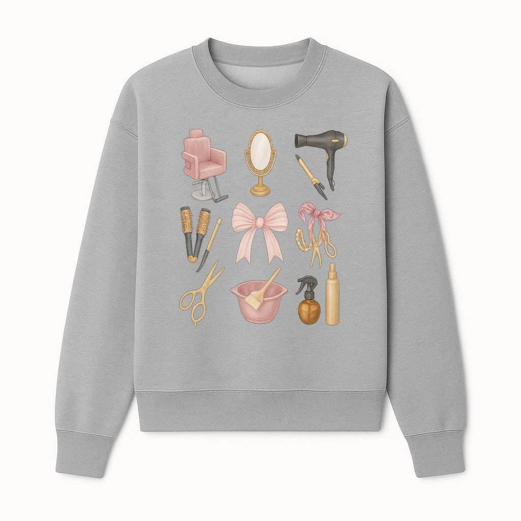 Beauty Salon Essentials Art Print | Hair Styling Tools, Chair, Mirror, Scissors, Bow | Feminine Decor for Styling Room - Sweatshirt 1757925841890.jpg