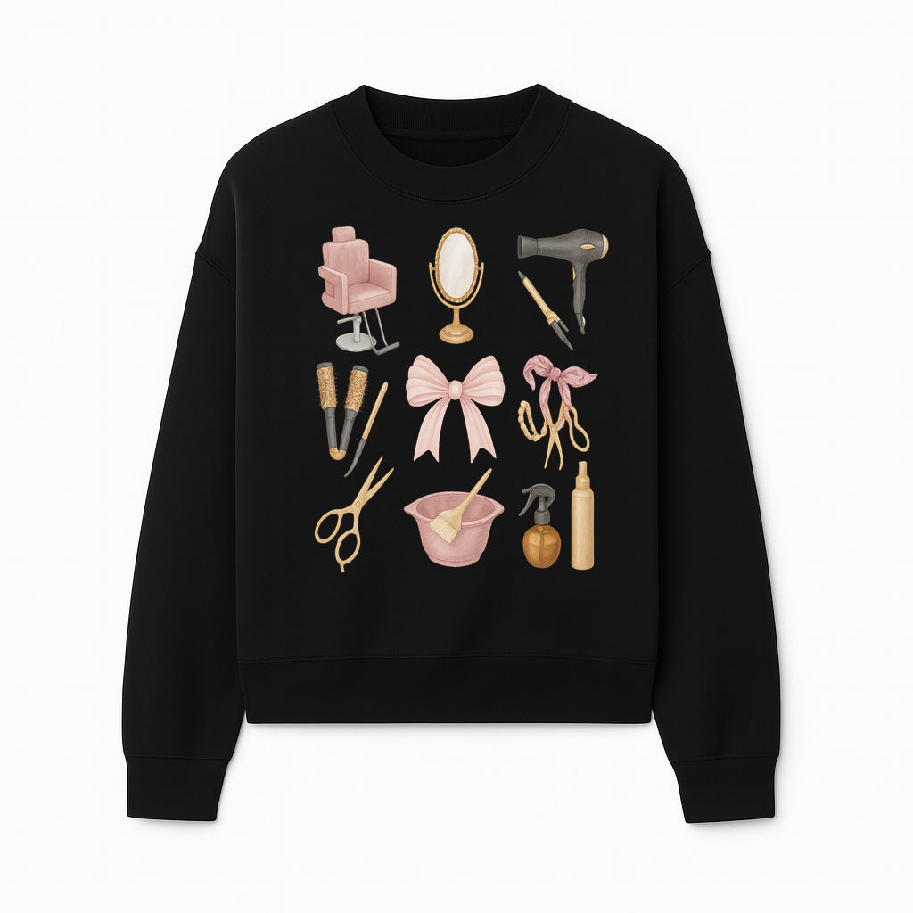 Beauty Salon Essentials Art Print | Hair Styling Tools, Chair, Mirror, Scissors, Bow | Feminine Decor for Styling Room - Sweatshirt 1757925842018.jpg