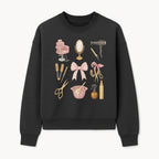 Beauty Salon Essentials Art Print | Hair Styling Tools, Chair, Mirror, Scissors, Bow | Feminine Decor for Styling Room - Sweatshirt 1757925842223.jpg