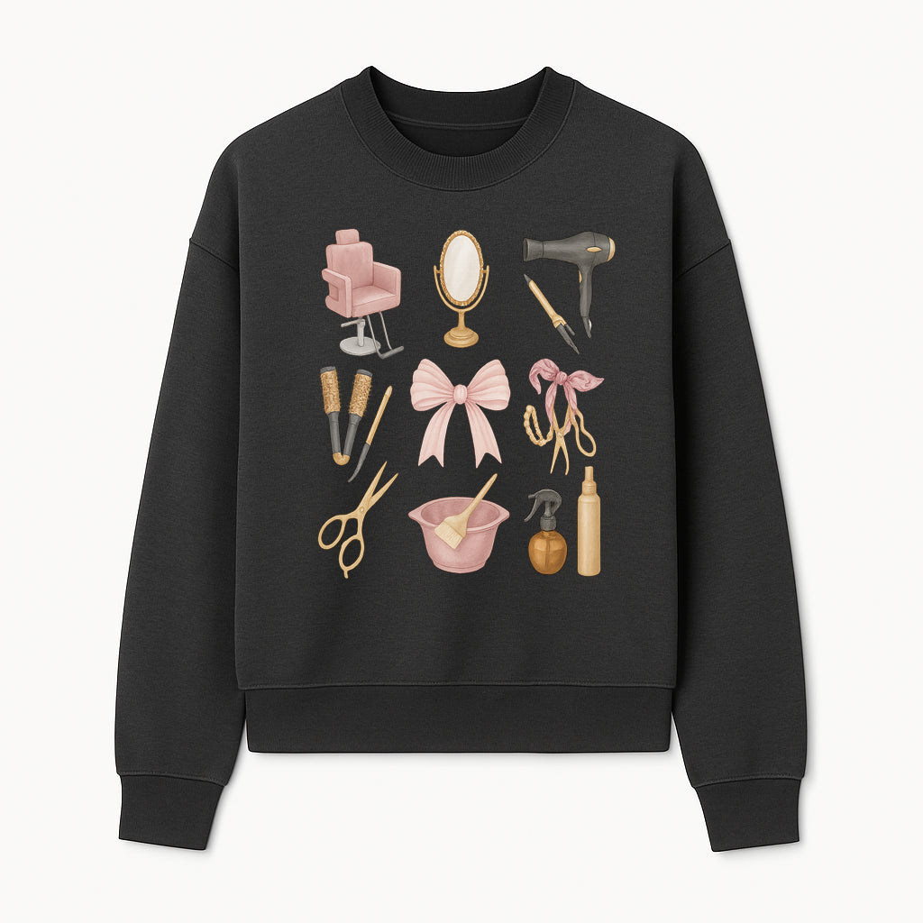 Beauty Salon Essentials Art Print | Hair Styling Tools, Chair, Mirror, Scissors, Bow | Feminine Decor for Styling Room - Sweatshirt 1757925842223.jpg