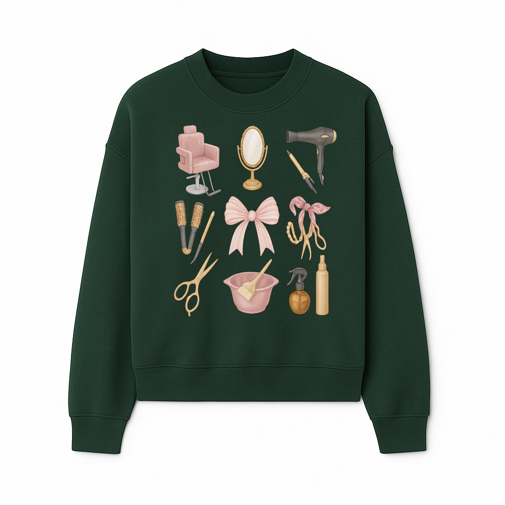 Beauty Salon Essentials Art Print | Hair Styling Tools, Chair, Mirror, Scissors, Bow | Feminine Decor for Styling Room - Sweatshirt 1757925842430.jpg
