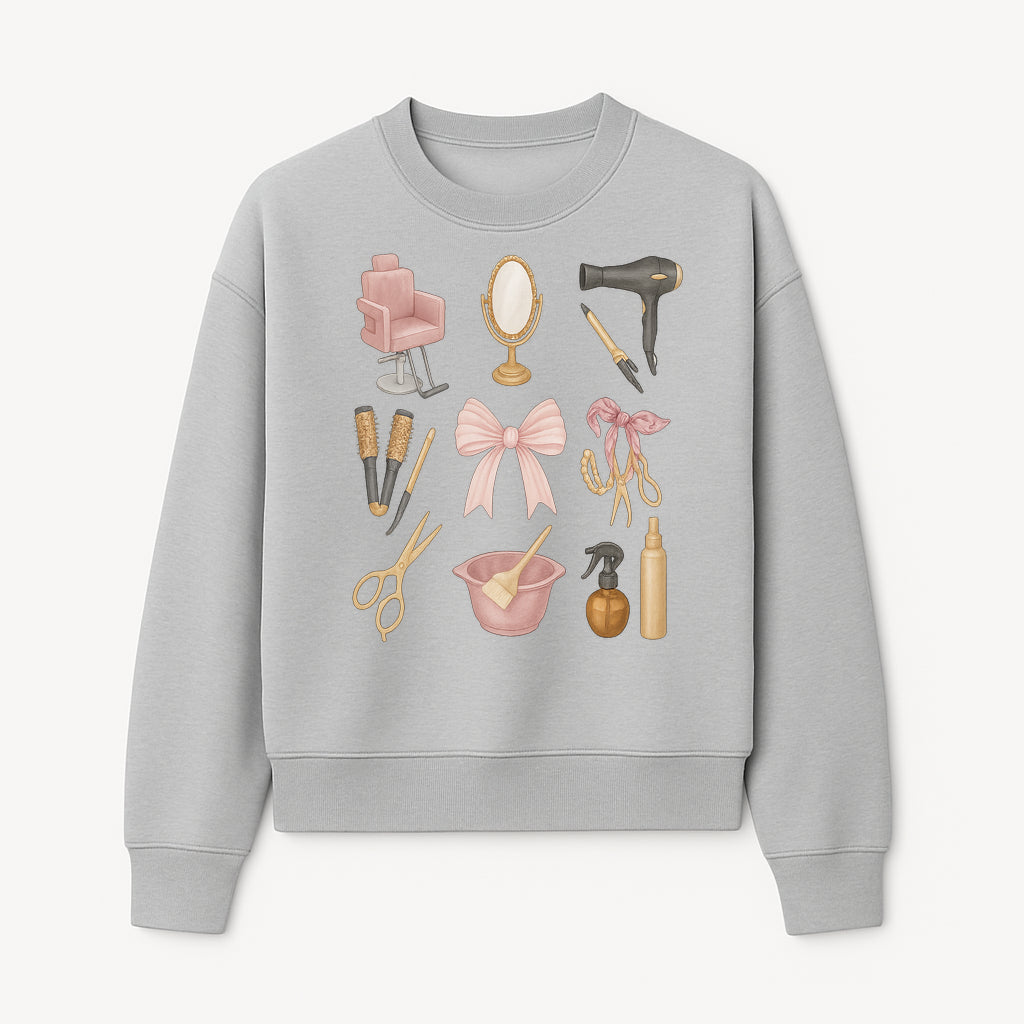 Beauty Salon Essentials Art Print | Hair Styling Tools, Chair, Mirror, Scissors, Bow | Feminine Decor for Styling Room - Sweatshirt 1757925842639.jpg