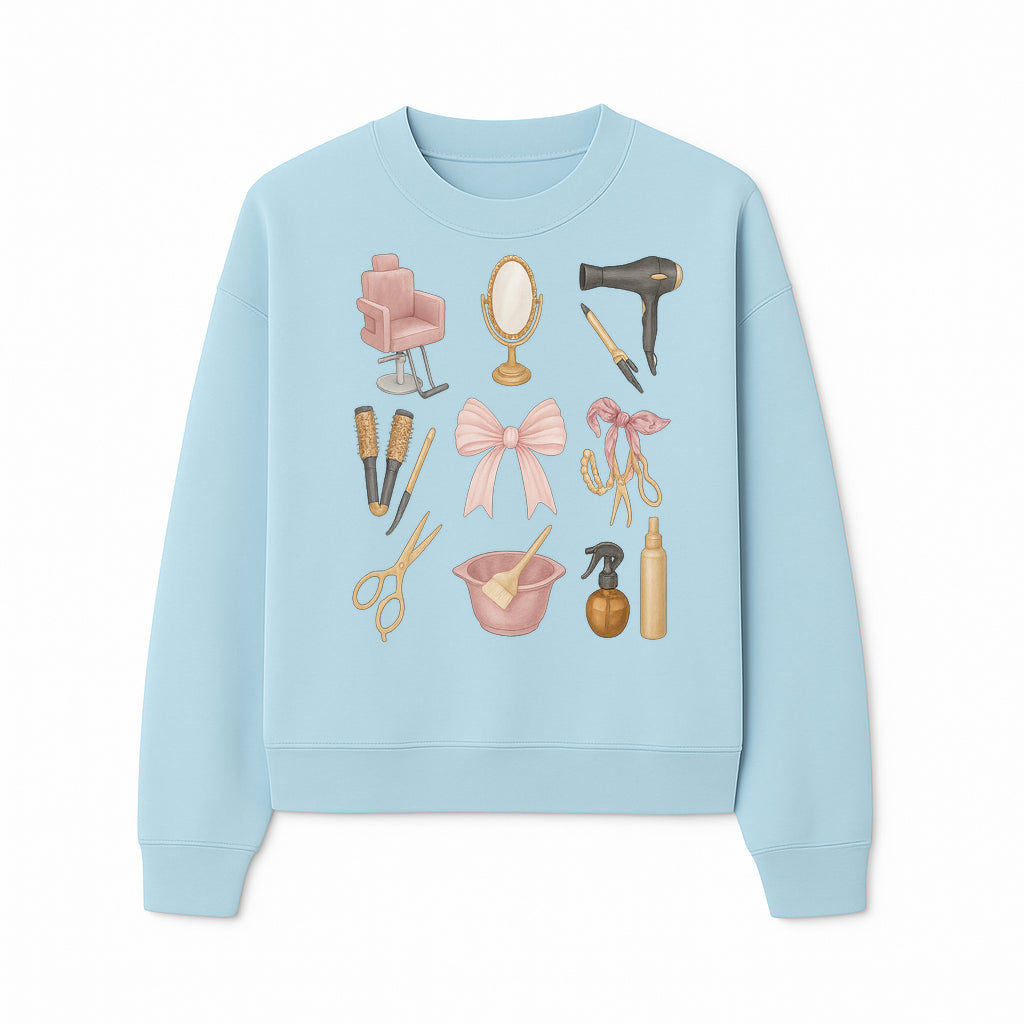 Beauty Salon Essentials Art Print | Hair Styling Tools, Chair, Mirror, Scissors, Bow | Feminine Decor for Styling Room - Sweatshirt 1757925842846.jpg
