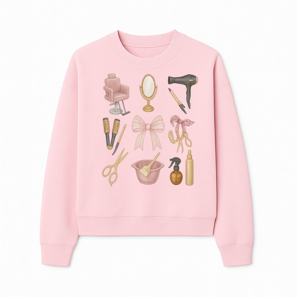 Beauty Salon Essentials Art Print | Hair Styling Tools, Chair, Mirror, Scissors, Bow | Feminine Decor for Styling Room - Sweatshirt 1757925843015.jpg