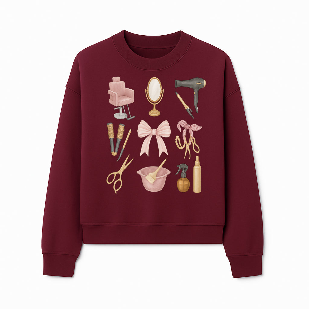 Beauty Salon Essentials Art Print | Hair Styling Tools, Chair, Mirror, Scissors, Bow | Feminine Decor for Styling Room - Sweatshirt 1757925843144.jpg