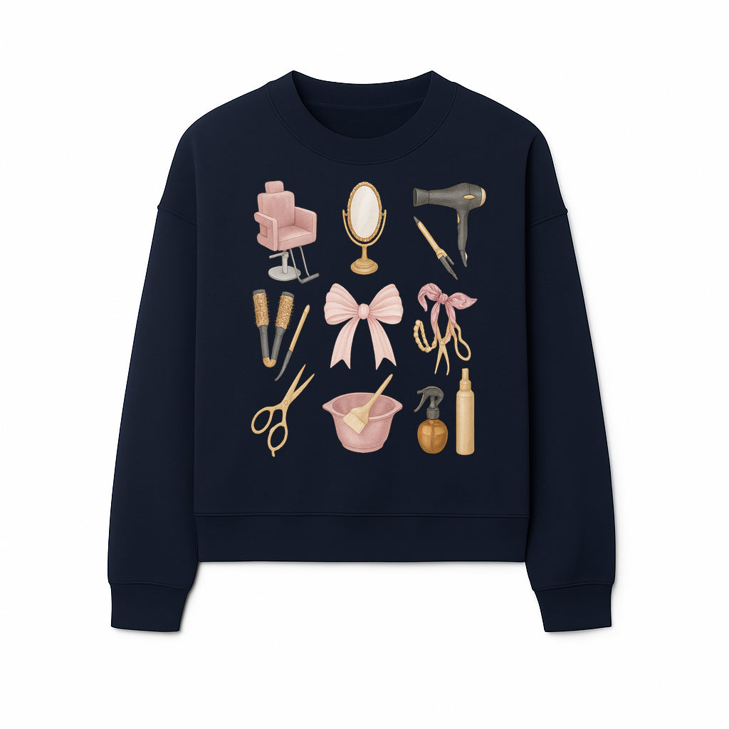 Beauty Salon Essentials Art Print | Hair Styling Tools, Chair, Mirror, Scissors, Bow | Feminine Decor for Styling Room - Sweatshirt 1757925843283.jpg