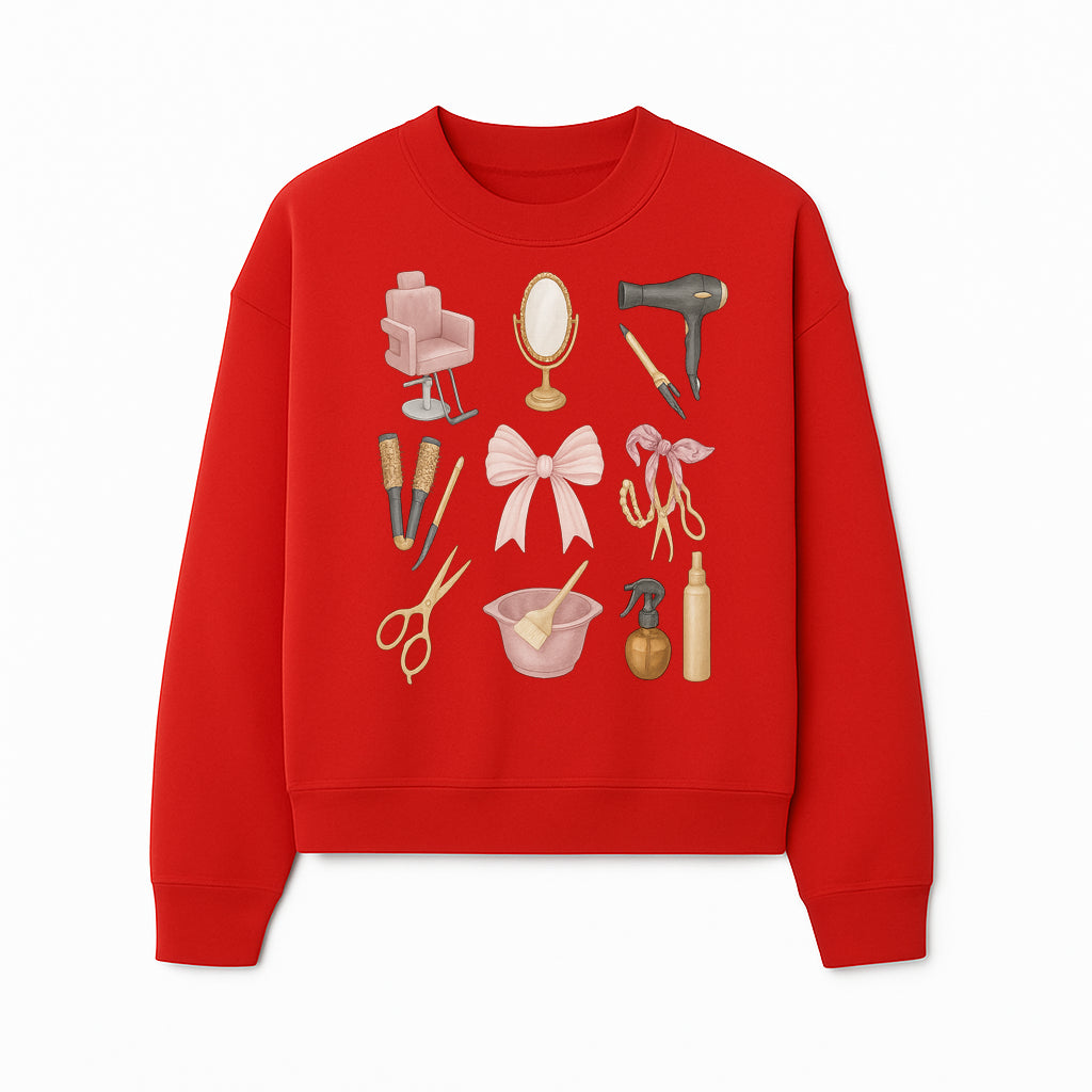 Beauty Salon Essentials Art Print | Hair Styling Tools, Chair, Mirror, Scissors, Bow | Feminine Decor for Styling Room - Sweatshirt 1757925843430.jpg