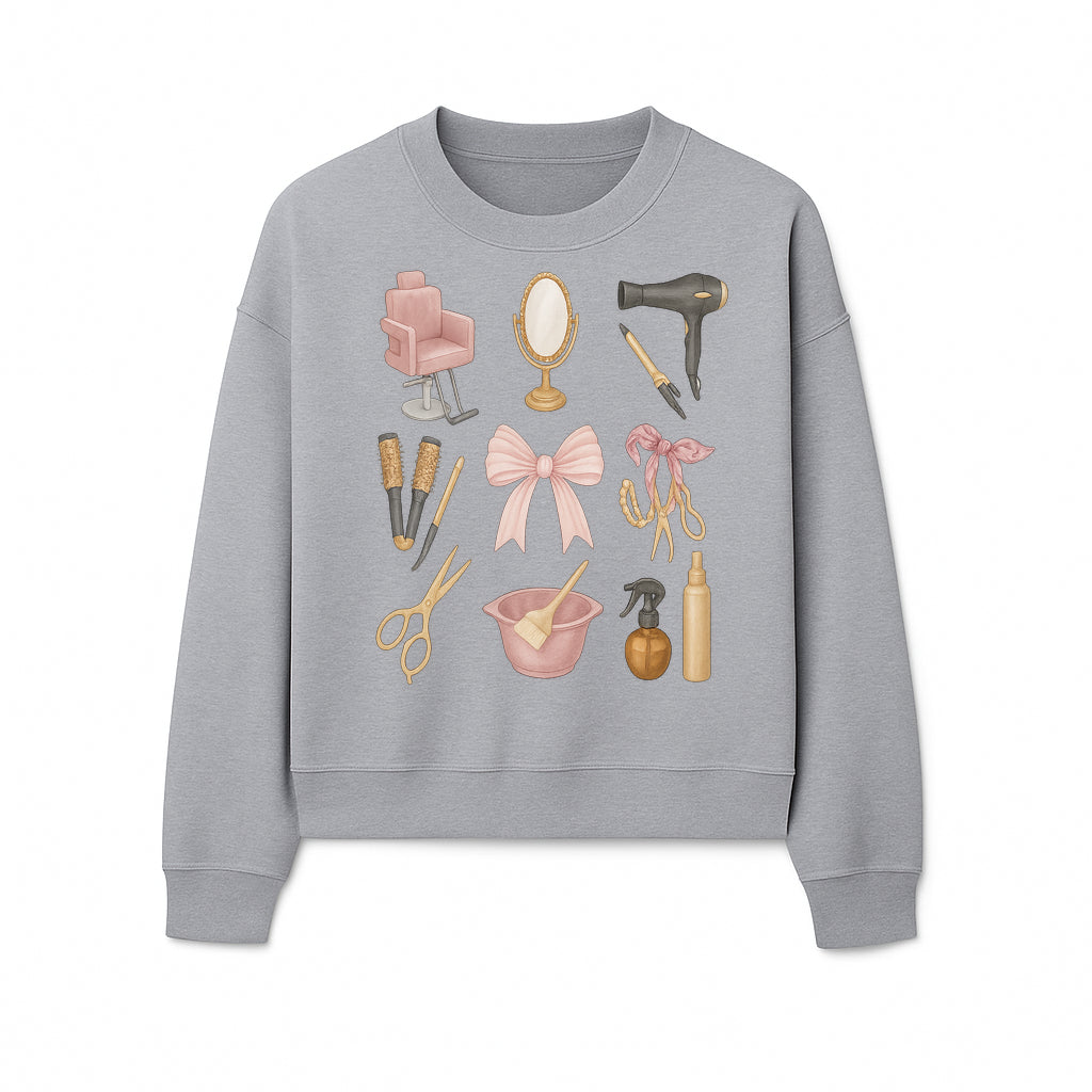 Beauty Salon Essentials Art Print | Hair Styling Tools, Chair, Mirror, Scissors, Bow | Feminine Decor for Styling Room - Sweatshirt 1757925843577.jpg