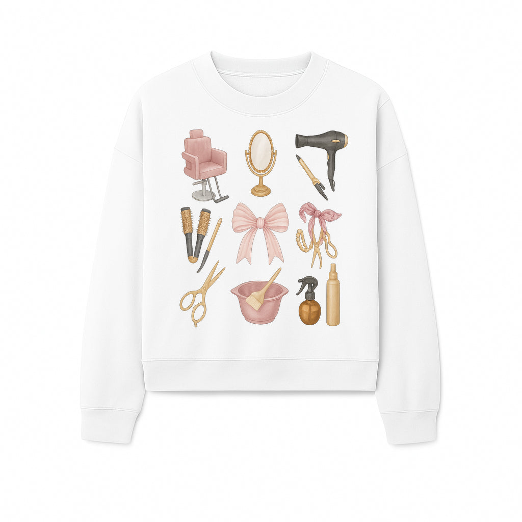 Beauty Salon Essentials Art Print | Hair Styling Tools, Chair, Mirror, Scissors, Bow | Feminine Decor for Styling Room - Sweatshirt 1757925843710.jpg
