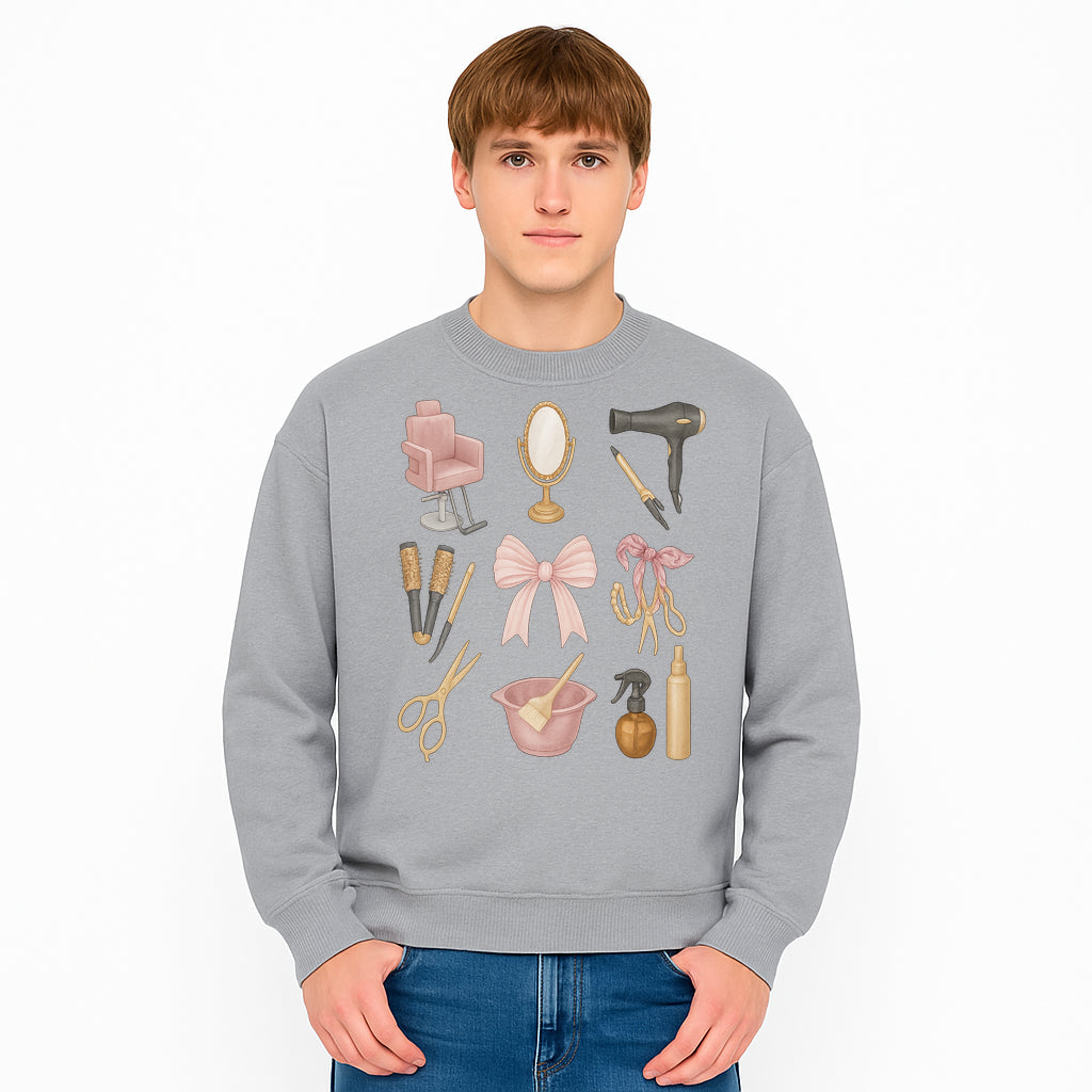 Beauty Salon Essentials Art Print | Hair Styling Tools, Chair, Mirror, Scissors, Bow | Feminine Decor for Styling Room - Sweatshirt 1757925844843.jpg