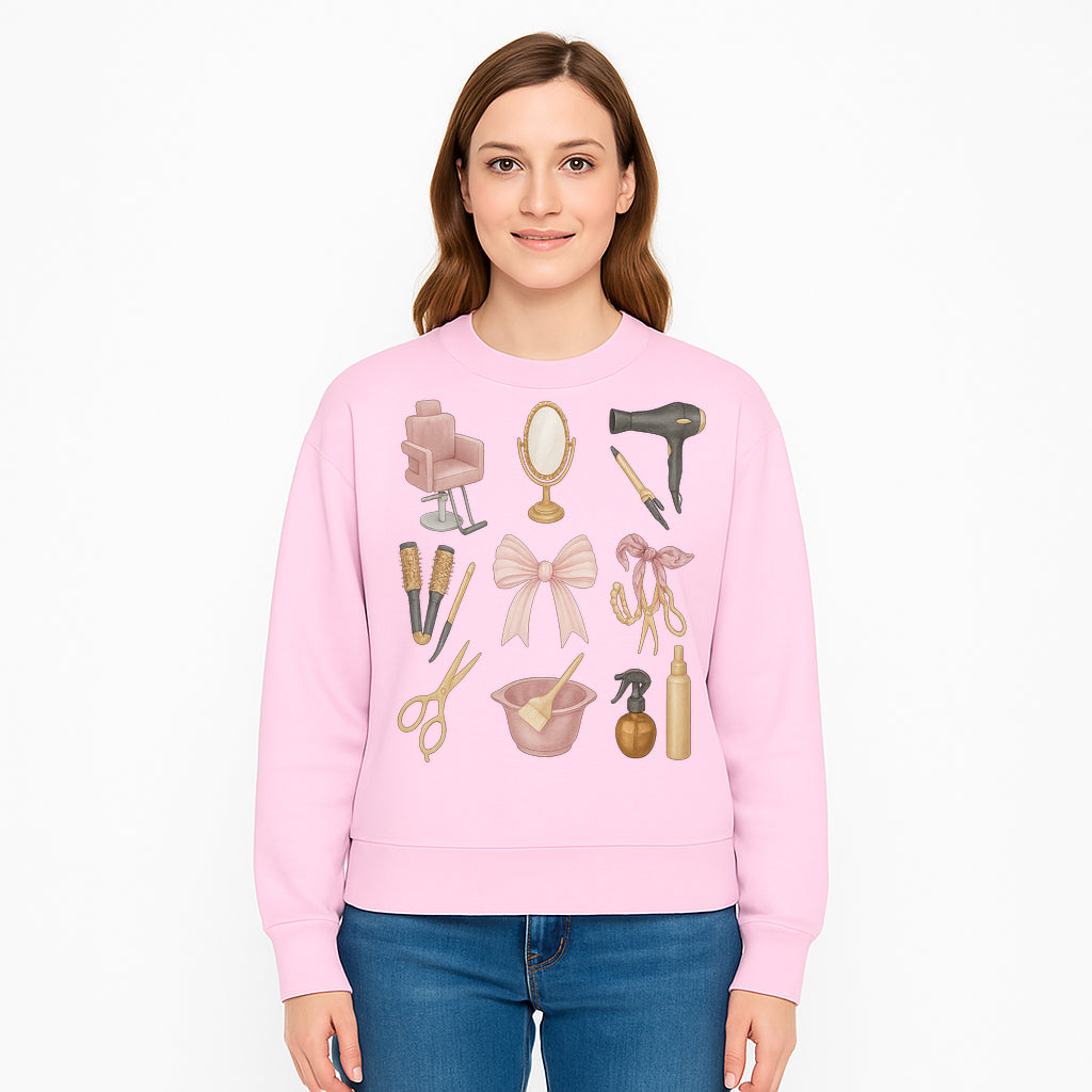 Beauty Salon Essentials Art Print | Hair Styling Tools, Chair, Mirror, Scissors, Bow | Feminine Decor for Styling Room - Sweatshirt 1757925844988.jpg