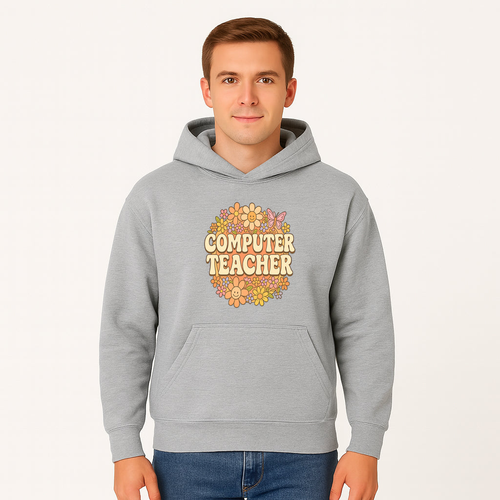 Retro Computer Teacher Flower Power Graphic Tee, Vintage Floral Design, Cute Teacher Apparel, Perfect Gift for Educators - Hoodie 1758004705594.jpg