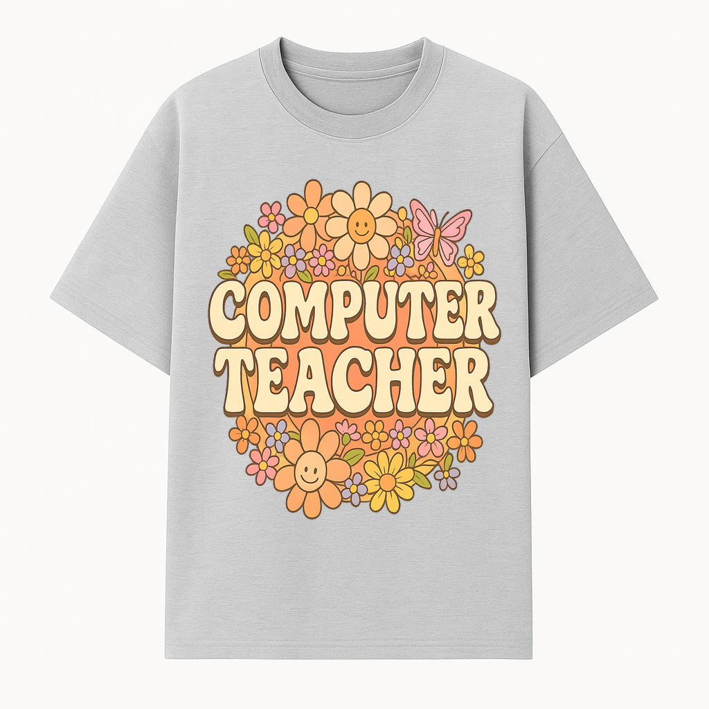 Retro Computer Teacher Flower Power Graphic Tee, Vintage Floral Design, Cute Teacher Apparel, Perfect Gift for Educators - T-shirt 1758004705985.jpg