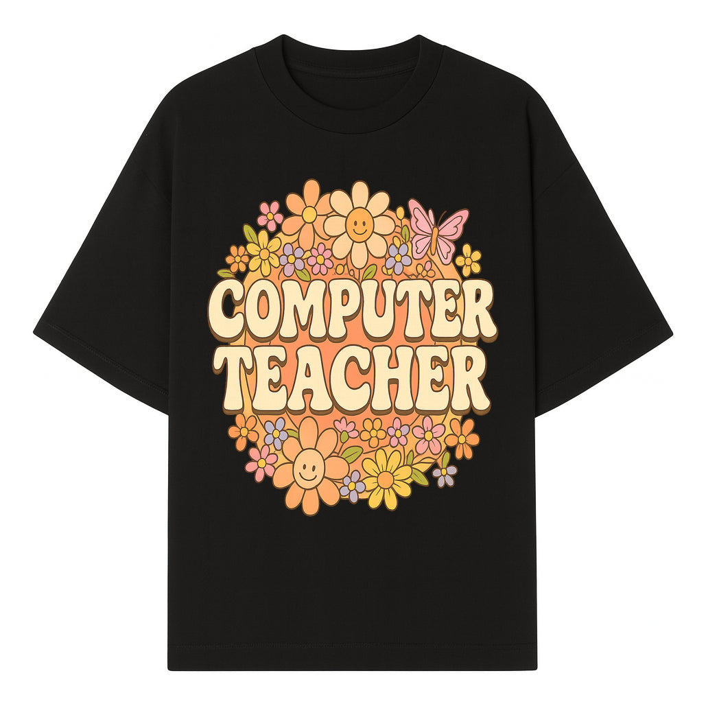 Retro Computer Teacher Flower Power Graphic Tee, Vintage Floral Design, Cute Teacher Apparel, Perfect Gift for Educators - T-shirt 1758004706156.jpg