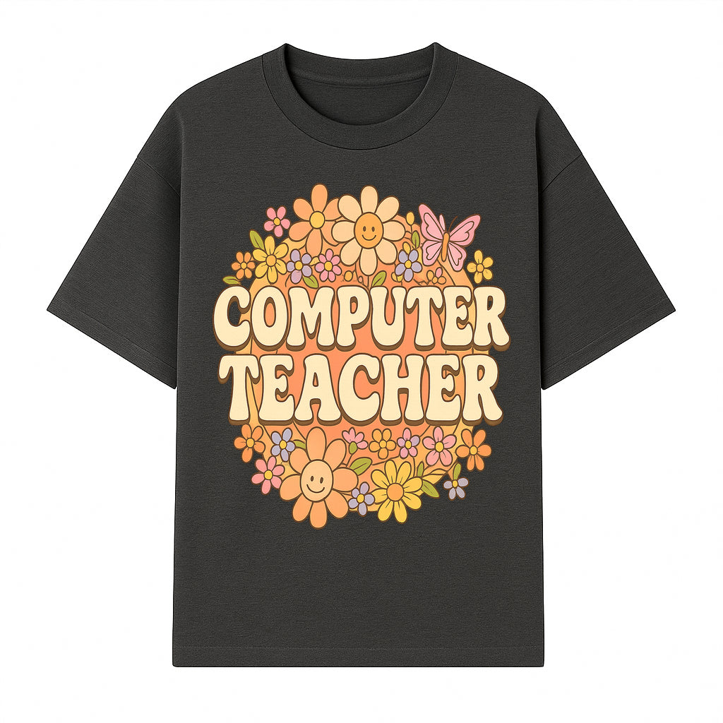 Retro Computer Teacher Flower Power Graphic Tee, Vintage Floral Design, Cute Teacher Apparel, Perfect Gift for Educators - T-shirt 1758004706299.jpg