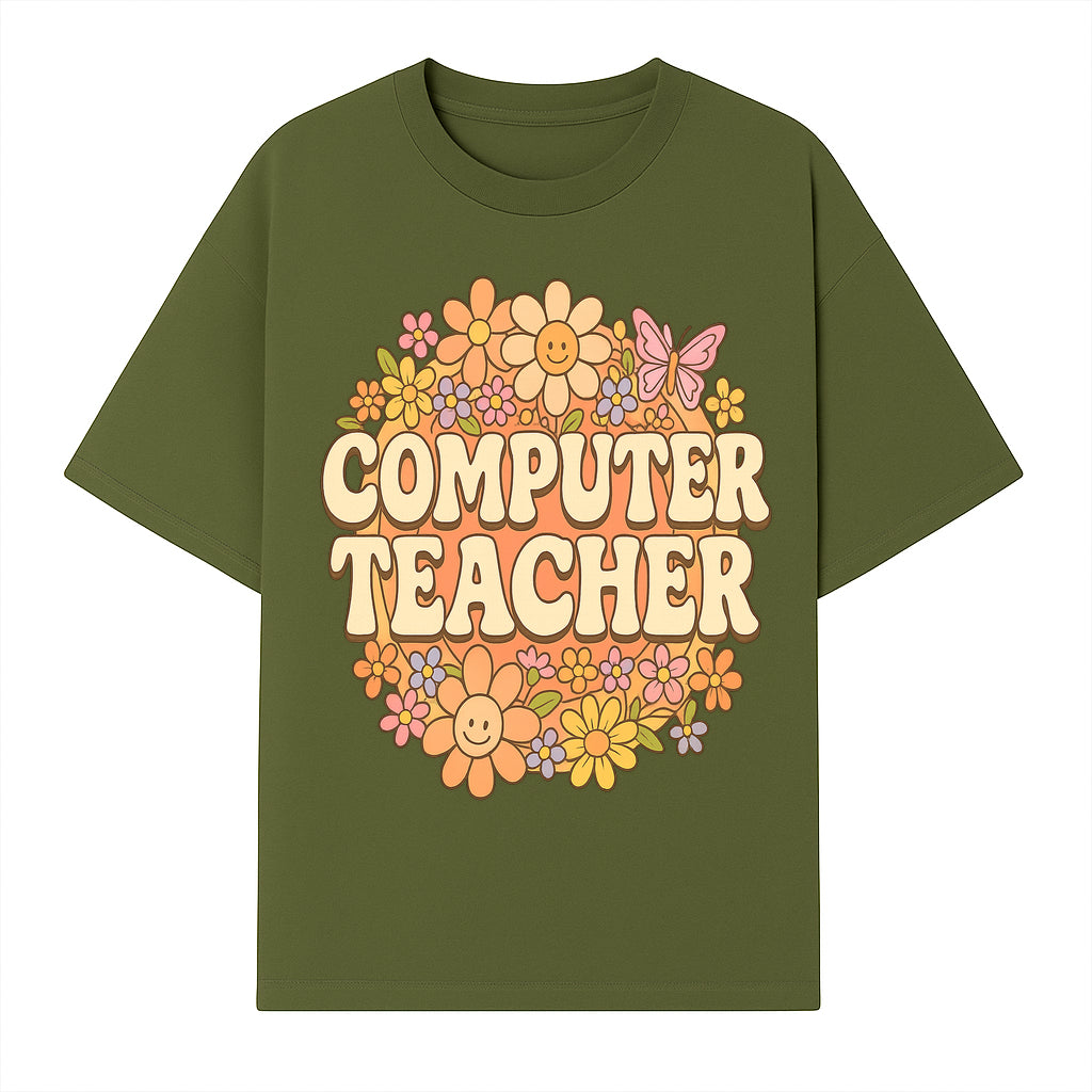Retro Computer Teacher Flower Power Graphic Tee, Vintage Floral Design, Cute Teacher Apparel, Perfect Gift for Educators - T-shirt 1758004706514.jpg