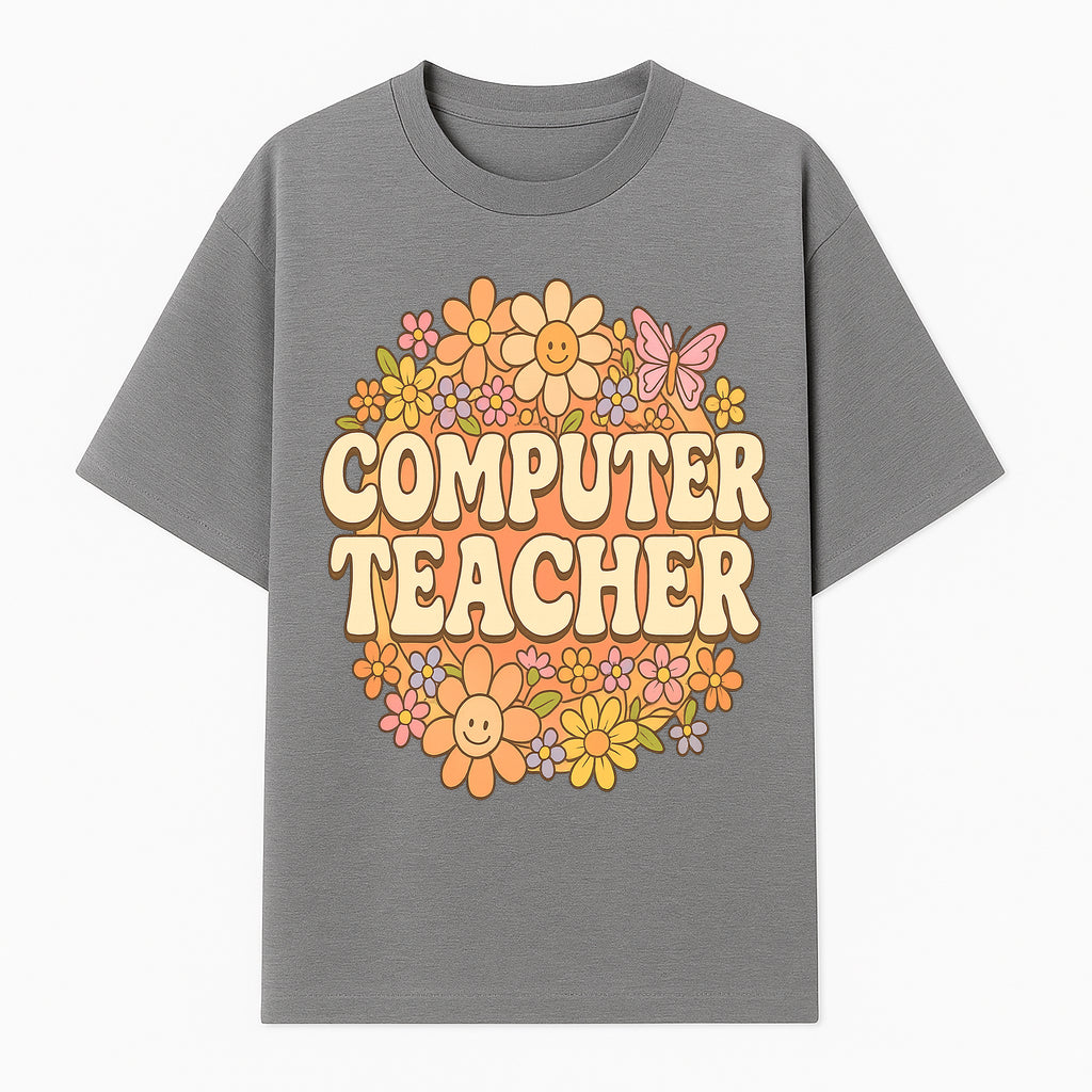 Retro Computer Teacher Flower Power Graphic Tee, Vintage Floral Design, Cute Teacher Apparel, Perfect Gift for Educators - T-shirt 1758004706686.jpg