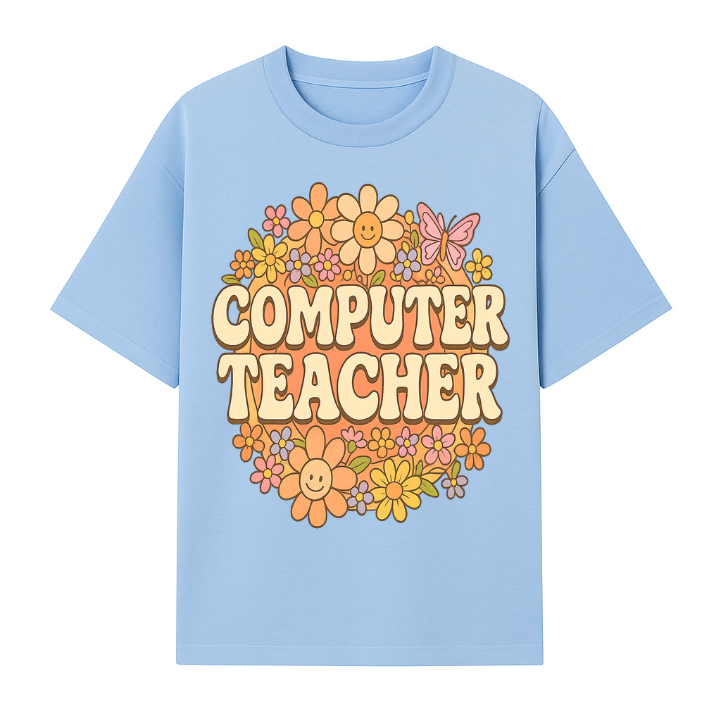 Retro Computer Teacher Flower Power Graphic Tee, Vintage Floral Design, Cute Teacher Apparel, Perfect Gift for Educators - T-shirt 1758004706827.jpg