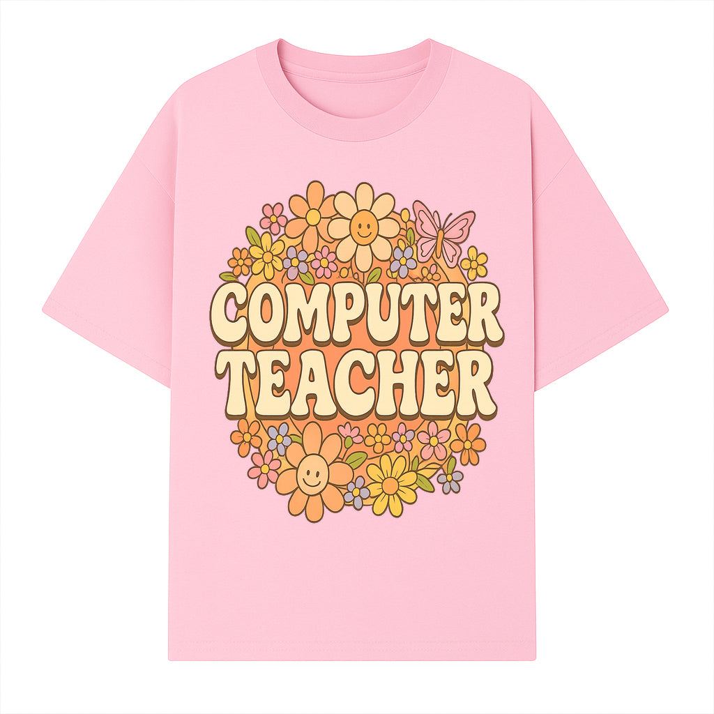 Retro Computer Teacher Flower Power Graphic Tee, Vintage Floral Design, Cute Teacher Apparel, Perfect Gift for Educators - T-shirt 1758004706984.jpg