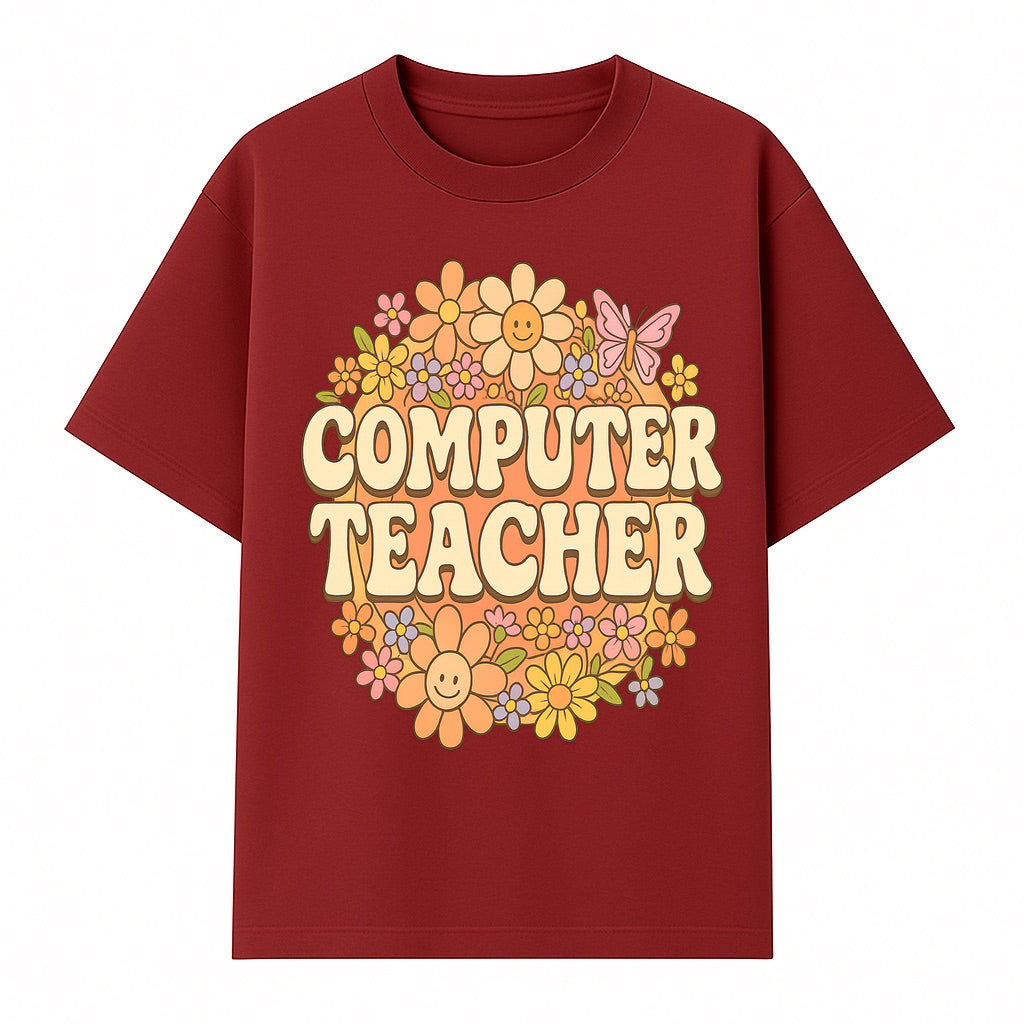 Retro Computer Teacher Flower Power Graphic Tee, Vintage Floral Design, Cute Teacher Apparel, Perfect Gift for Educators - T-shirt 1758004707149.jpg