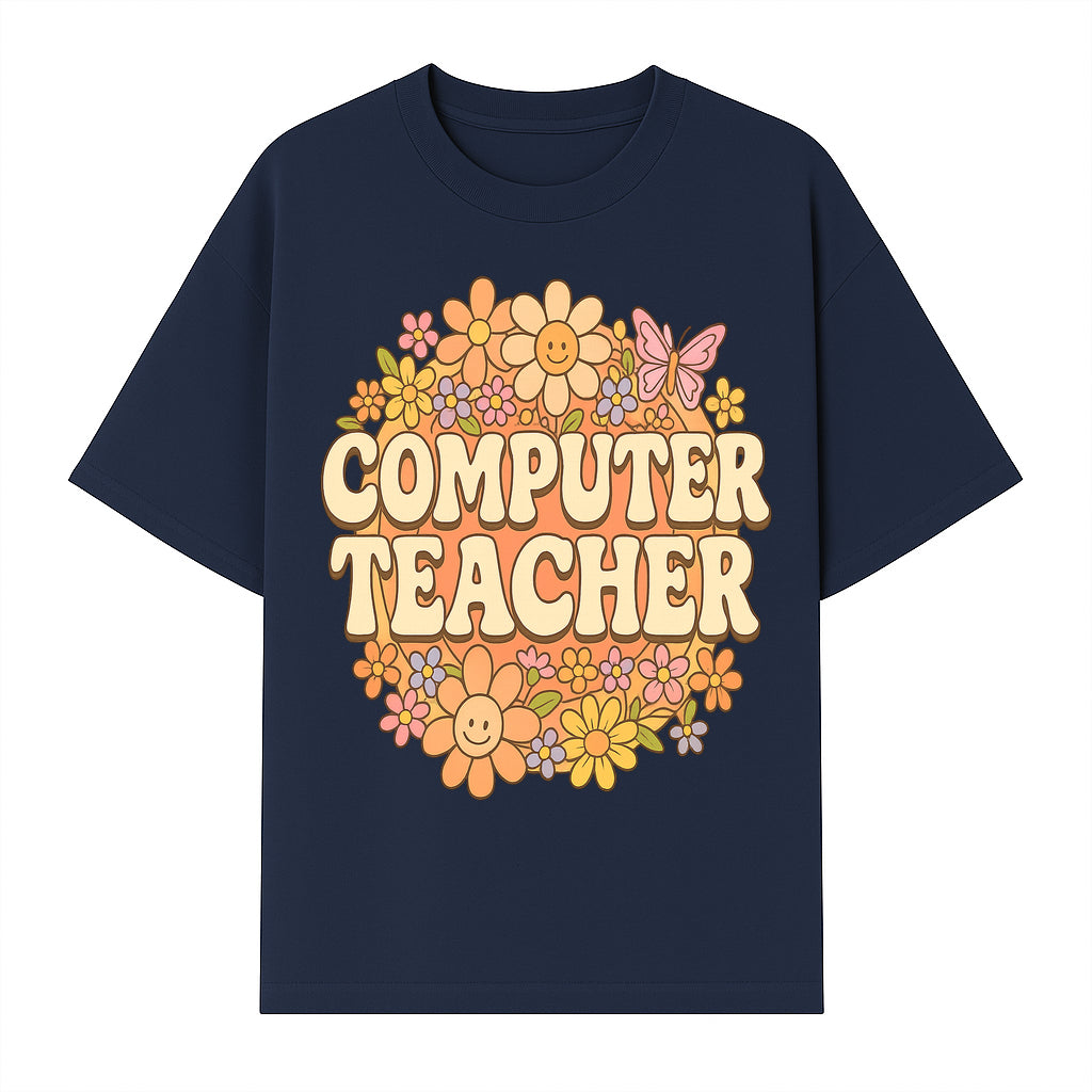 Retro Computer Teacher Flower Power Graphic Tee, Vintage Floral Design, Cute Teacher Apparel, Perfect Gift for Educators - T-shirt 1758004707297.jpg