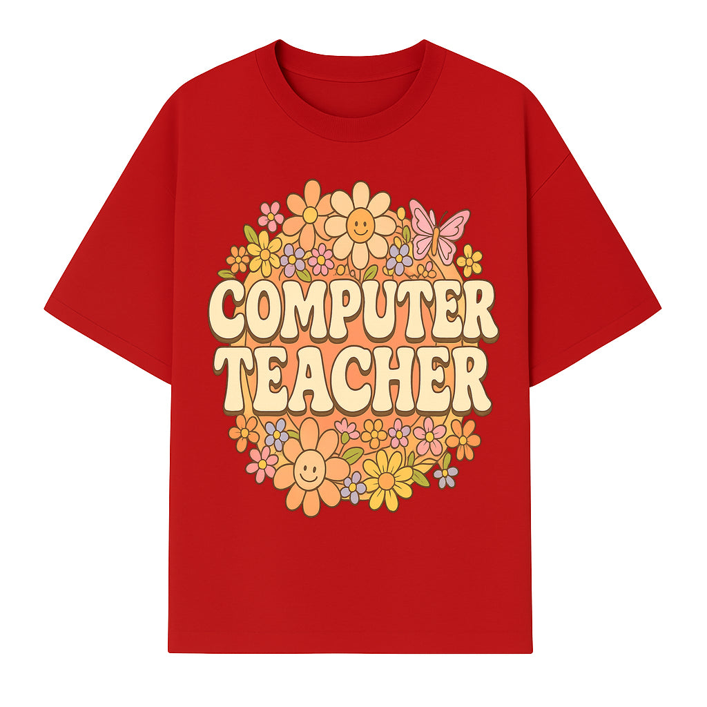 Retro Computer Teacher Flower Power Graphic Tee, Vintage Floral Design, Cute Teacher Apparel, Perfect Gift for Educators - T-shirt 1758004707490.jpg