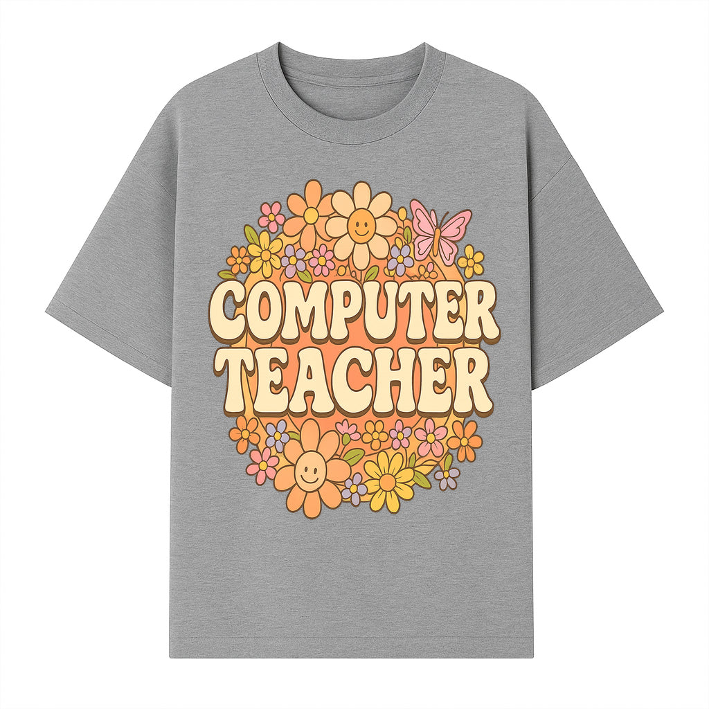 Retro Computer Teacher Flower Power Graphic Tee, Vintage Floral Design, Cute Teacher Apparel, Perfect Gift for Educators - T-shirt 1758004707625.jpg