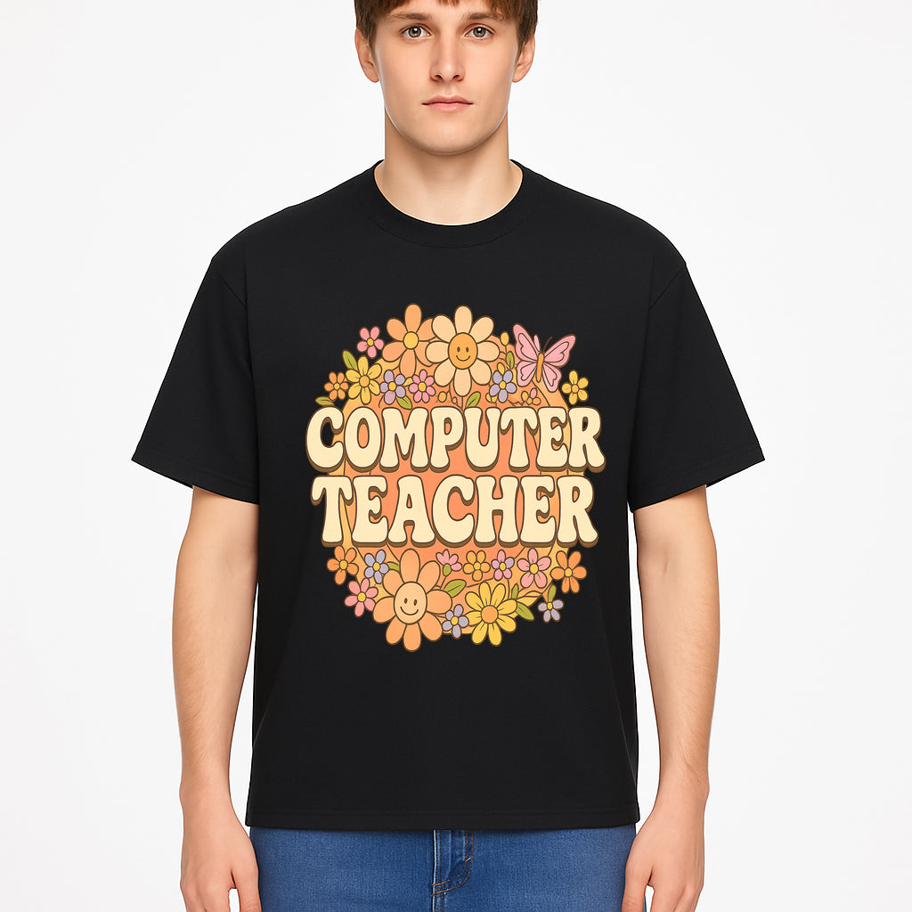 Retro Computer Teacher Flower Power Graphic Tee, Vintage Floral Design, Cute Teacher Apparel, Perfect Gift for Educators - T-shirt 1758004708939.jpg