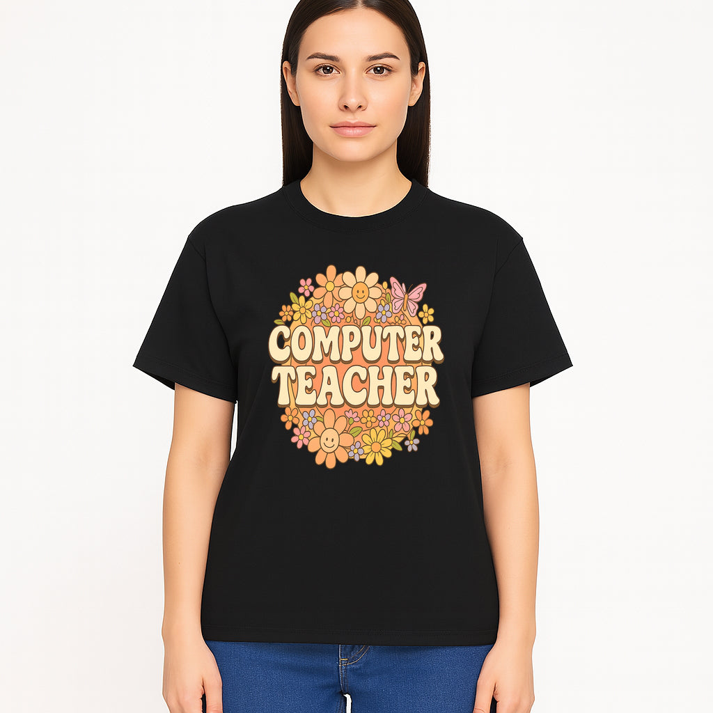 Retro Computer Teacher Flower Power Graphic Tee, Vintage Floral Design, Cute Teacher Apparel, Perfect Gift for Educators - T-shirt 1758004709171.jpg