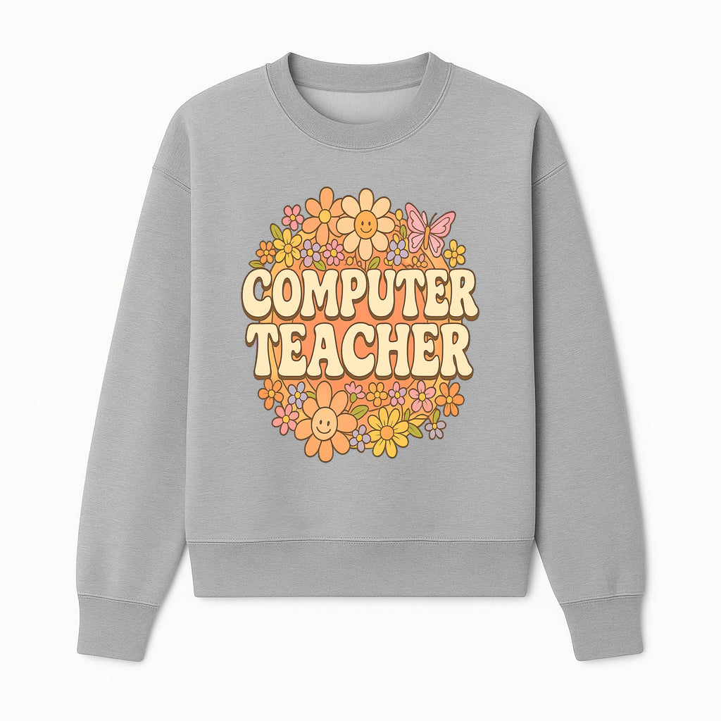 Retro Computer Teacher Flower Power Graphic Tee, Vintage Floral Design, Cute Teacher Apparel, Perfect Gift for Educators - Sweatshirt 1758004709296.jpg