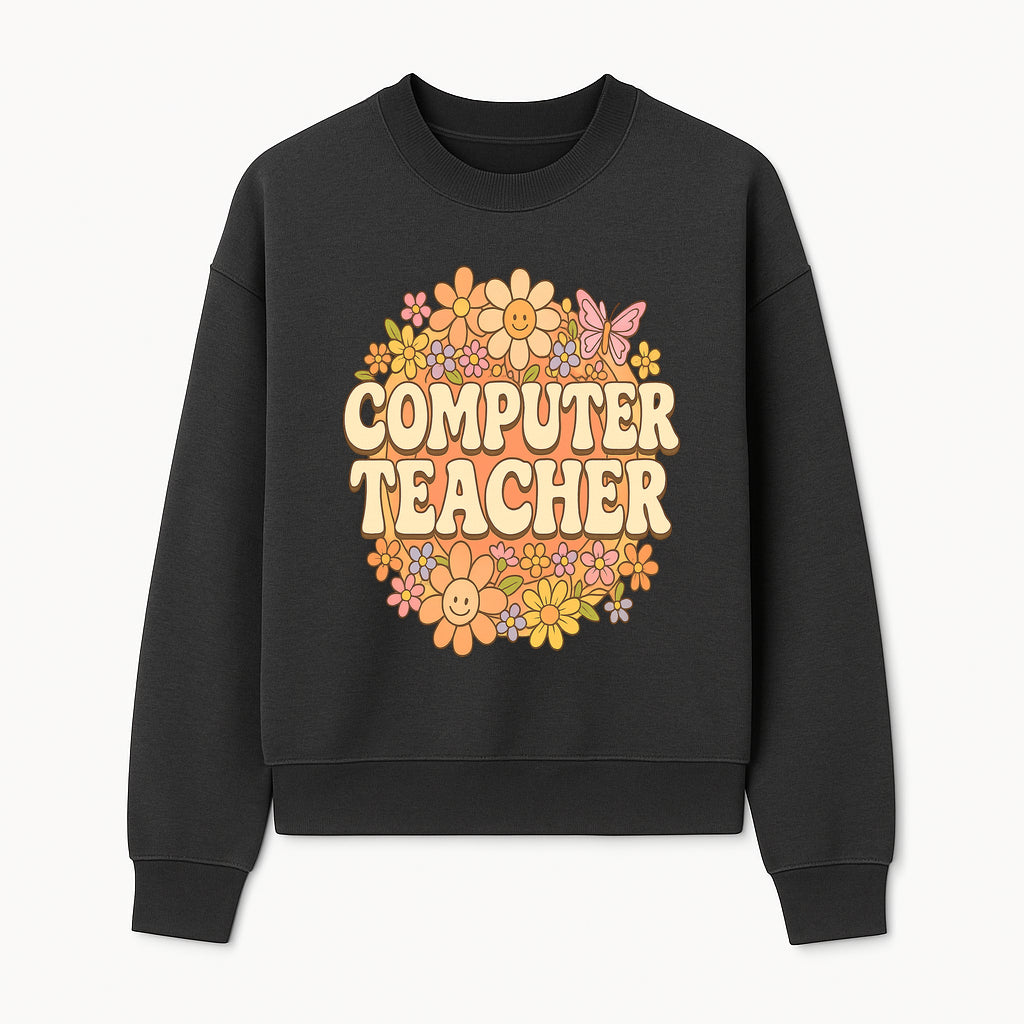 Retro Computer Teacher Flower Power Graphic Tee, Vintage Floral Design, Cute Teacher Apparel, Perfect Gift for Educators - Sweatshirt 1758004709693.jpg