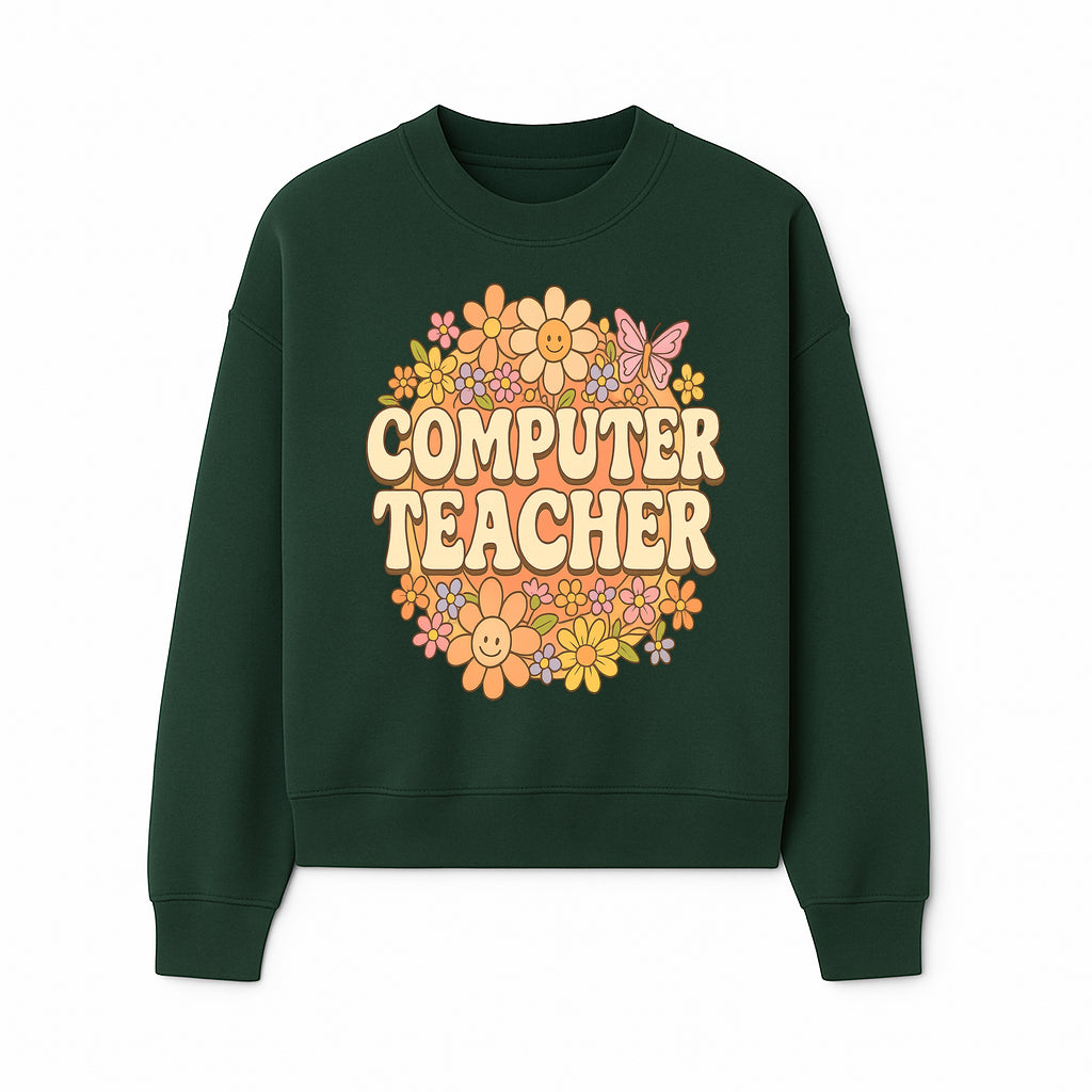 Retro Computer Teacher Flower Power Graphic Tee, Vintage Floral Design, Cute Teacher Apparel, Perfect Gift for Educators - Sweatshirt 1758004709876.jpg