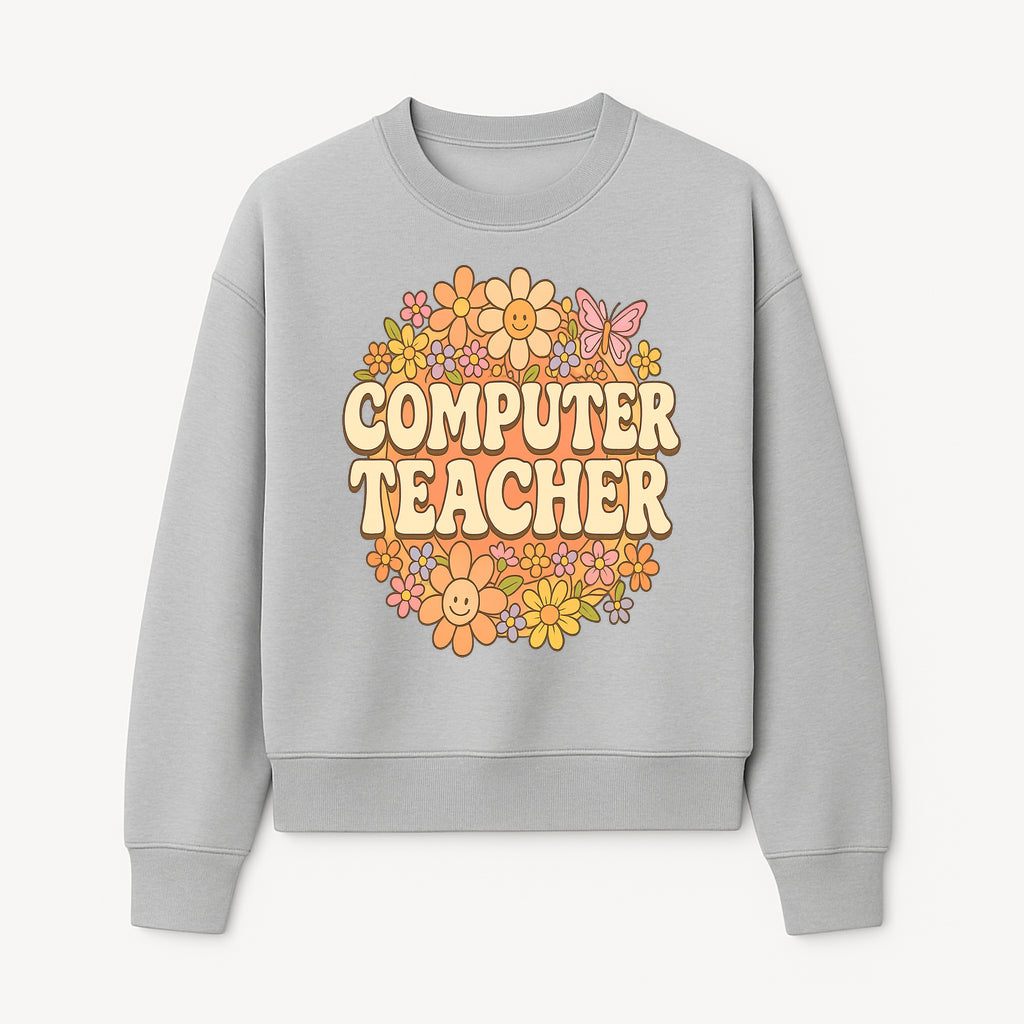 Retro Computer Teacher Flower Power Graphic Tee, Vintage Floral Design, Cute Teacher Apparel, Perfect Gift for Educators - Sweatshirt 1758004710082.jpg