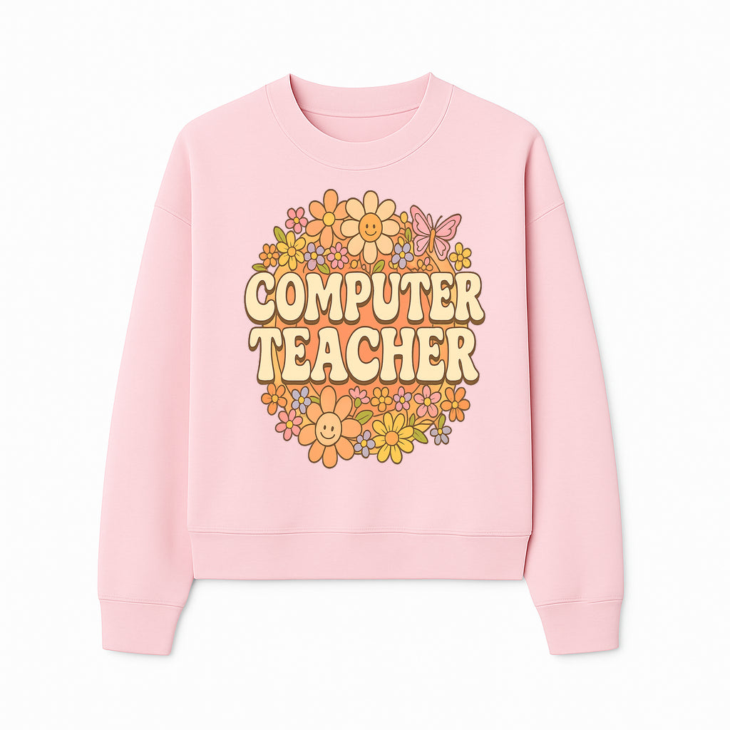 Retro Computer Teacher Flower Power Graphic Tee, Vintage Floral Design, Cute Teacher Apparel, Perfect Gift for Educators - Sweatshirt 1758004710423.jpg