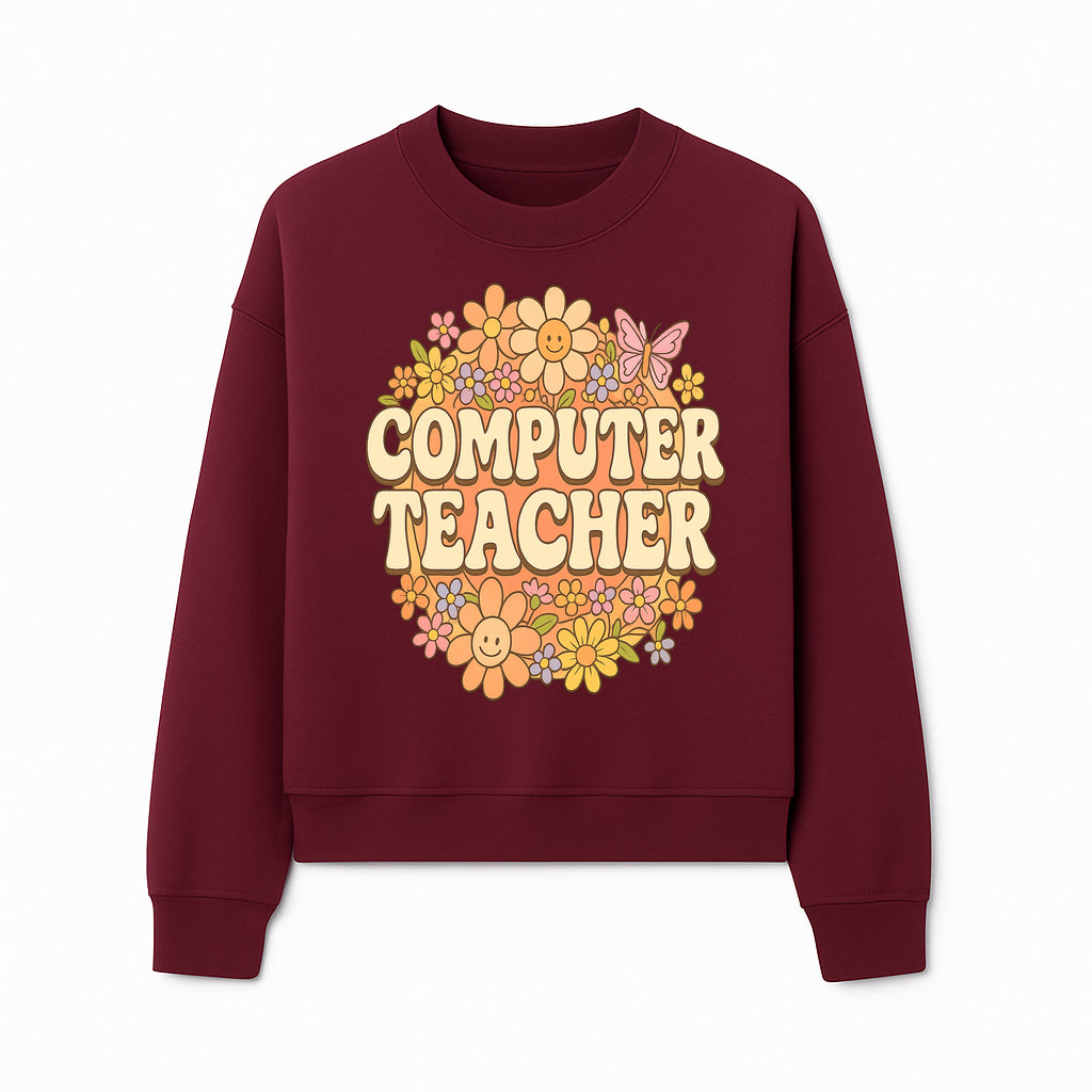 Retro Computer Teacher Flower Power Graphic Tee, Vintage Floral Design, Cute Teacher Apparel, Perfect Gift for Educators - Sweatshirt 1758004710597.jpg