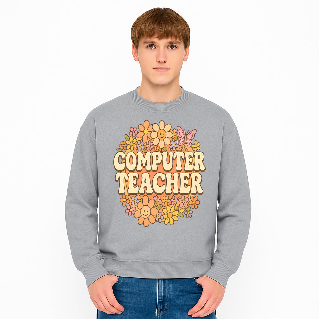 Retro Computer Teacher Flower Power Graphic Tee, Vintage Floral Design, Cute Teacher Apparel, Perfect Gift for Educators - Sweatshirt 1758004712369.jpg