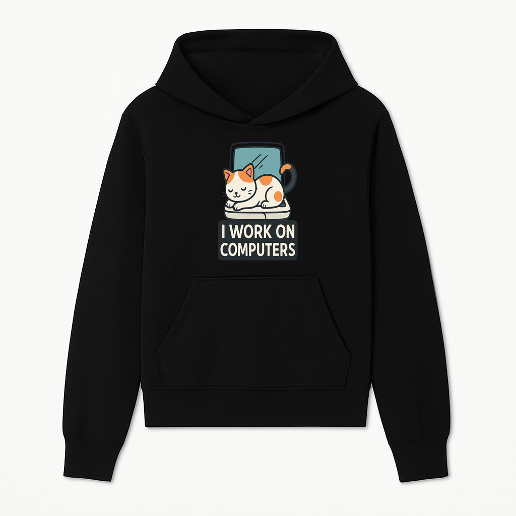 Cat Lover's Desk Decor: 'I Work on Computers' Cute Cat Laptop Design for Tech Enthusiasts and Pet Owners - Hoodie 1758004722899.jpg
