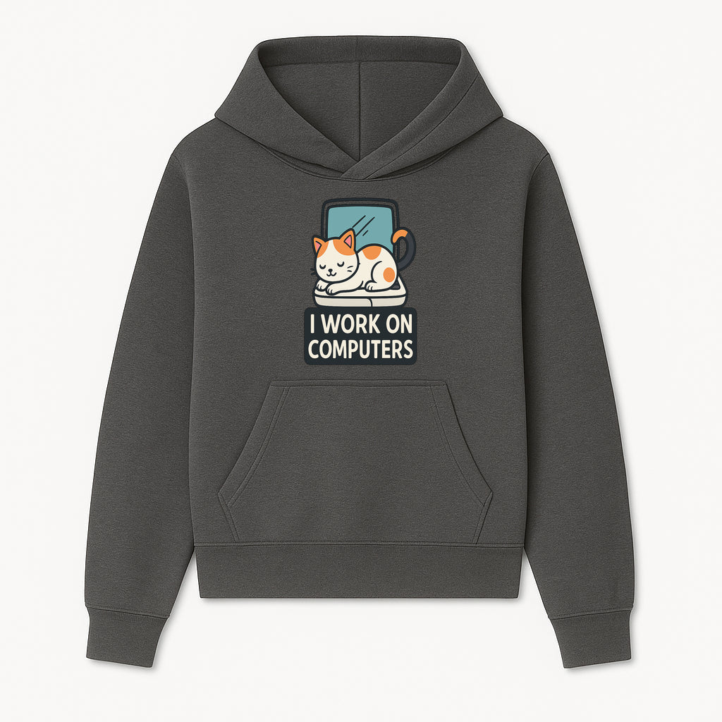 Cat Lover's Desk Decor: 'I Work on Computers' Cute Cat Laptop Design for Tech Enthusiasts and Pet Owners - Hoodie 1758004723064.jpg