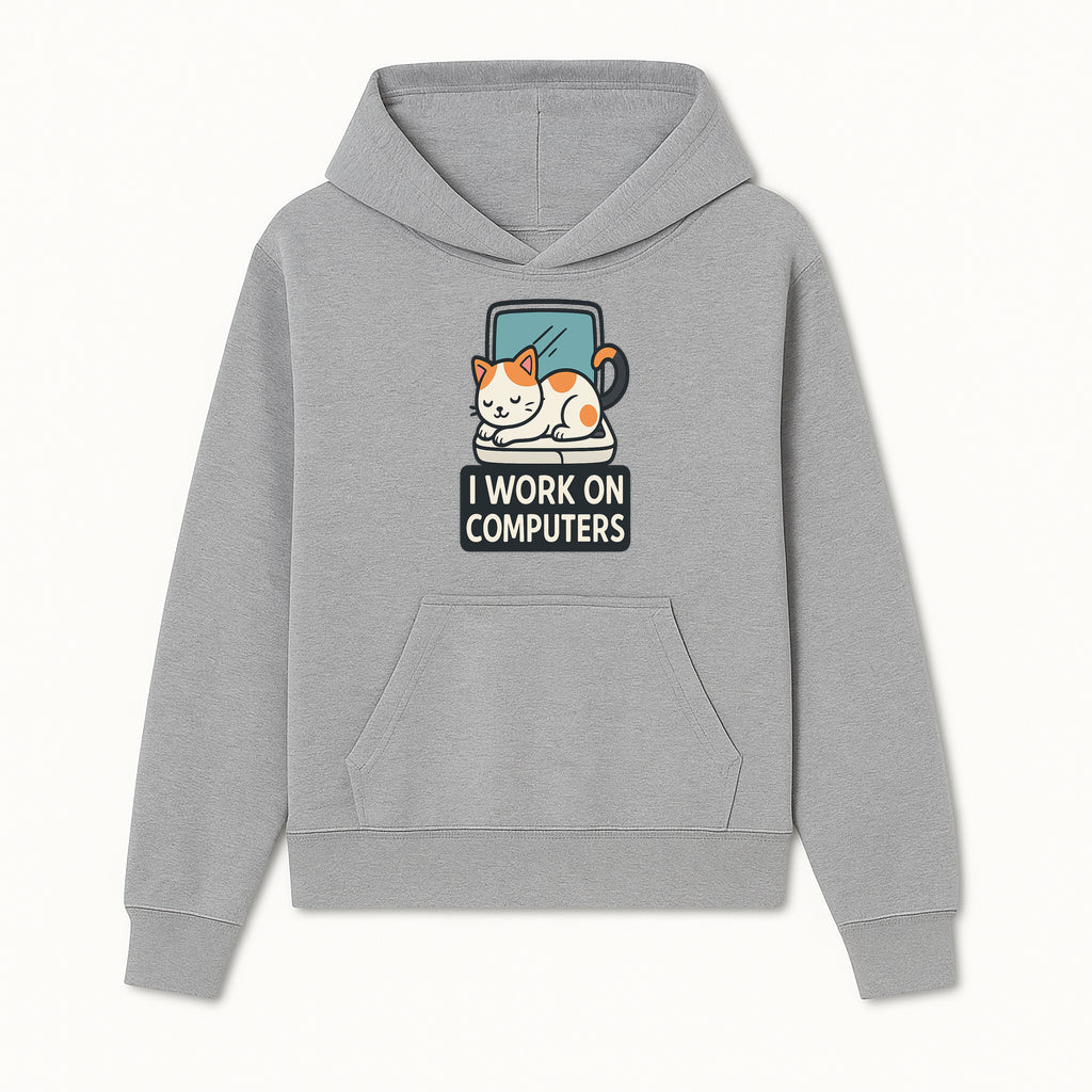 Cat Lover's Desk Decor: 'I Work on Computers' Cute Cat Laptop Design for Tech Enthusiasts and Pet Owners - Hoodie 1758004723358.jpg