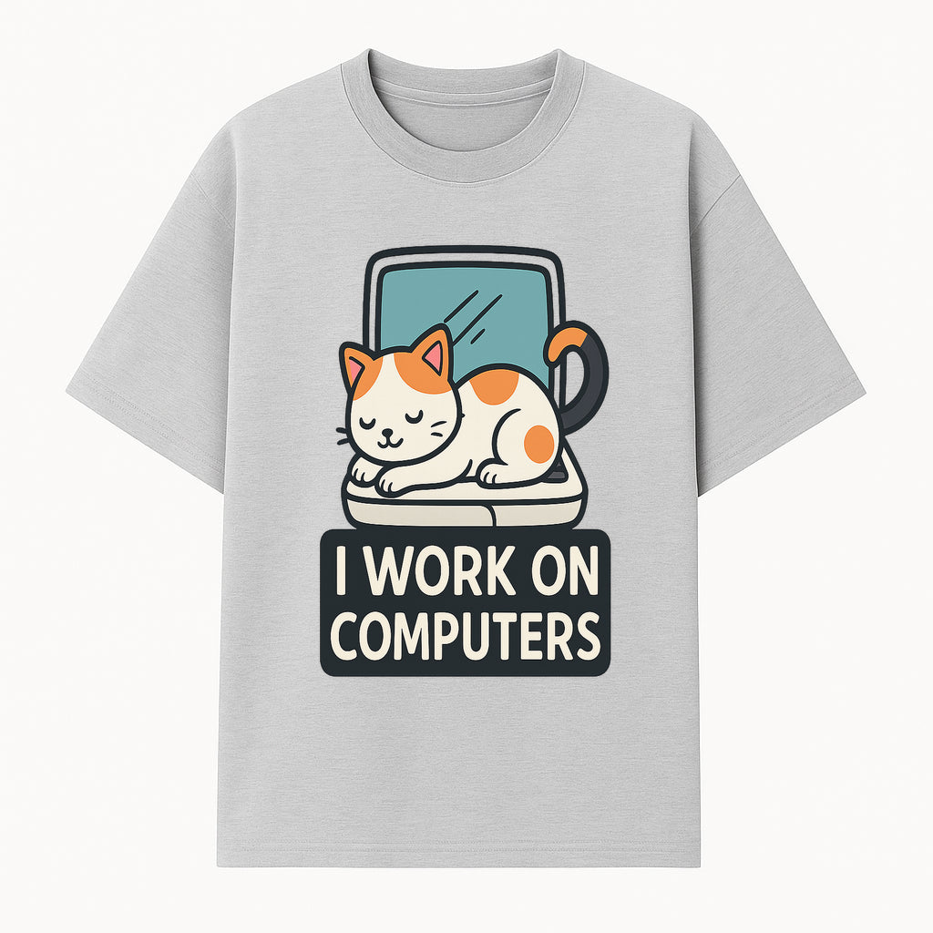 Cat Lover's Desk Decor: 'I Work on Computers' Cute Cat Laptop Design for Tech Enthusiasts and Pet Owners - T-shirt 1758004726157.jpg